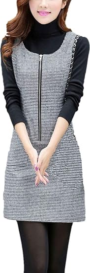 Amazon J Delectat 秋 冬 レディース ワンピース ノースリーブ ジャンパースカート 千鳥格子 ウールワンピ レトロ ワンピース チュニック 通販