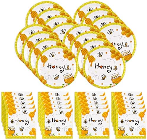 Bee Party Plates Napkins Disposable Tableware for Bee Theme Baby Shower Kids Birthday, Serves 16