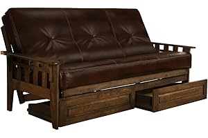 Jerry Sales FutonX Rustic Walnut Frame and Mattress Set with Choice to add Drawers, 8 Inch Innerspring Futon Sofa Bed Full Size Wood (Leather Cappuccino Matt, Frame and Drawers)