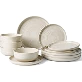 Stoneware Dinnerware Sets for 4, Reactive Glaze Plates &amp; Bowls, Shell Beige | Famiware Premium 12-Piece Ceramic Speckled Spiral Dishes, Chip &amp; Scratch Resistant, Everyday Use, Microwave &amp; Dishwasher Safe
