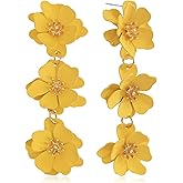 Unique Chic Long Matte Flower Dangle Earrings Cute Bohemian Tiered Triple Floral Drop Stud Earrings Ear Drop for Women Statement Jewelry Gifts Parties Prom