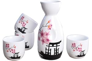 Tosnail 5 Pieces Ceramic Japanese Sake Set, 1 Serving Carafe and 4 Cups - Pink Sakura