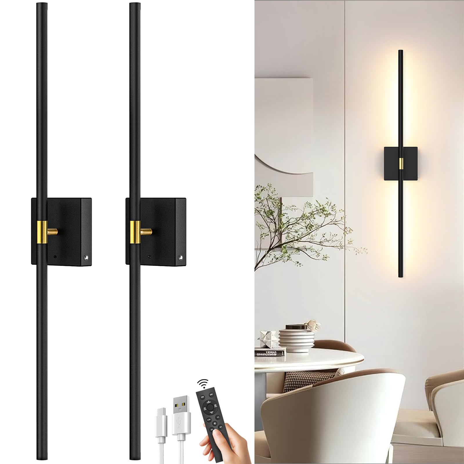 Photo 1 of ***PARTIAL SET - PRICE ADJUSTED***
iThird Battery Operated Wall Sconce Set of 2: Rechargeable Wall Lights Wireless Sconces with Touch and Remote, 360° Rotate Magnetic Wall Scone Lighting Decor for Bedroom Living Room Hallway, 31.7Inch