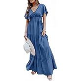 Amegoya Women's Casual Short Sleeve V Neck Floral Maxi Dresses Boho Beach Photoshoot Flowy Ruffle Long Dress