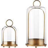 5" & 4" Wide Versatile Metal Candle Holder in Antique Brass with Handmade Thick, Heavy & Sturdy Glass Dome for Pillar Candle, Industrial, Modern, Shelf, Mantel, Veranda, Porch (Brass)