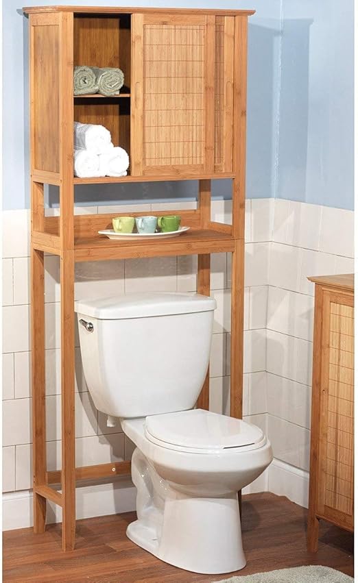 Amazon Com Bamboo Behind Toilet Shelving Tower Free Standing Natural Wood Bathroom Cabinet Space Saving Storage Organizer Stand Kitchen Dining