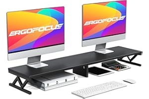 ErgoFocus Dual Monitor Stand Riser, Large Wood Monitor Lift with Storage, Sturdy Wood&Steel Multi Screen Stand, Desktop Organizer