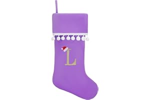 JKSVE Personalized Christmas Stocking - 19 Inch Purple Velvet Stockings, Embroidery Initial with White Pom Pom Trim, Holiday Fireplace Mantel & Xmas Party Decor, Letter L