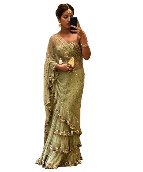 Desinger Green Net Embroidery sequence Work Ruffle Saree