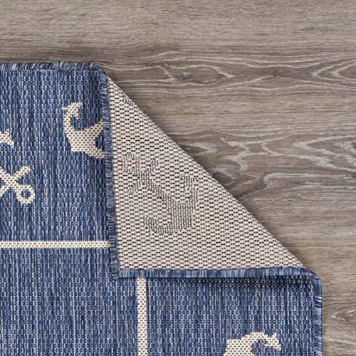Lr Home Nautical Anchor Border Indoor Outdoor Rug, Blue/White, 5'3"" x 7'"