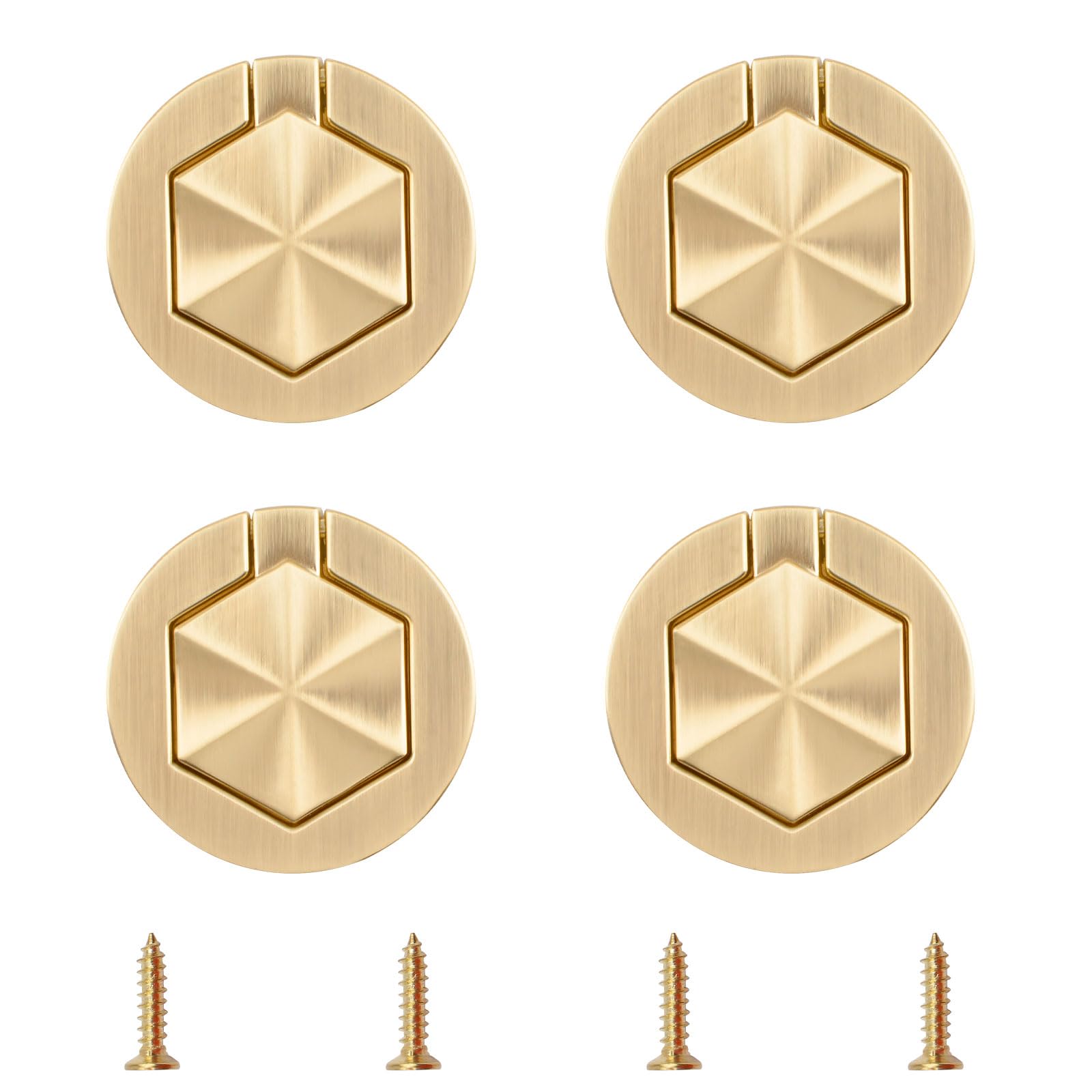 MOROBOR 4Pcs Hexagon Pocket Doors Drawer Handle Flush Ring Pull, Zinc Alloy Gold Knobs Hidden Concealed Furniture Handle for Cabinets, Closets, Drawers