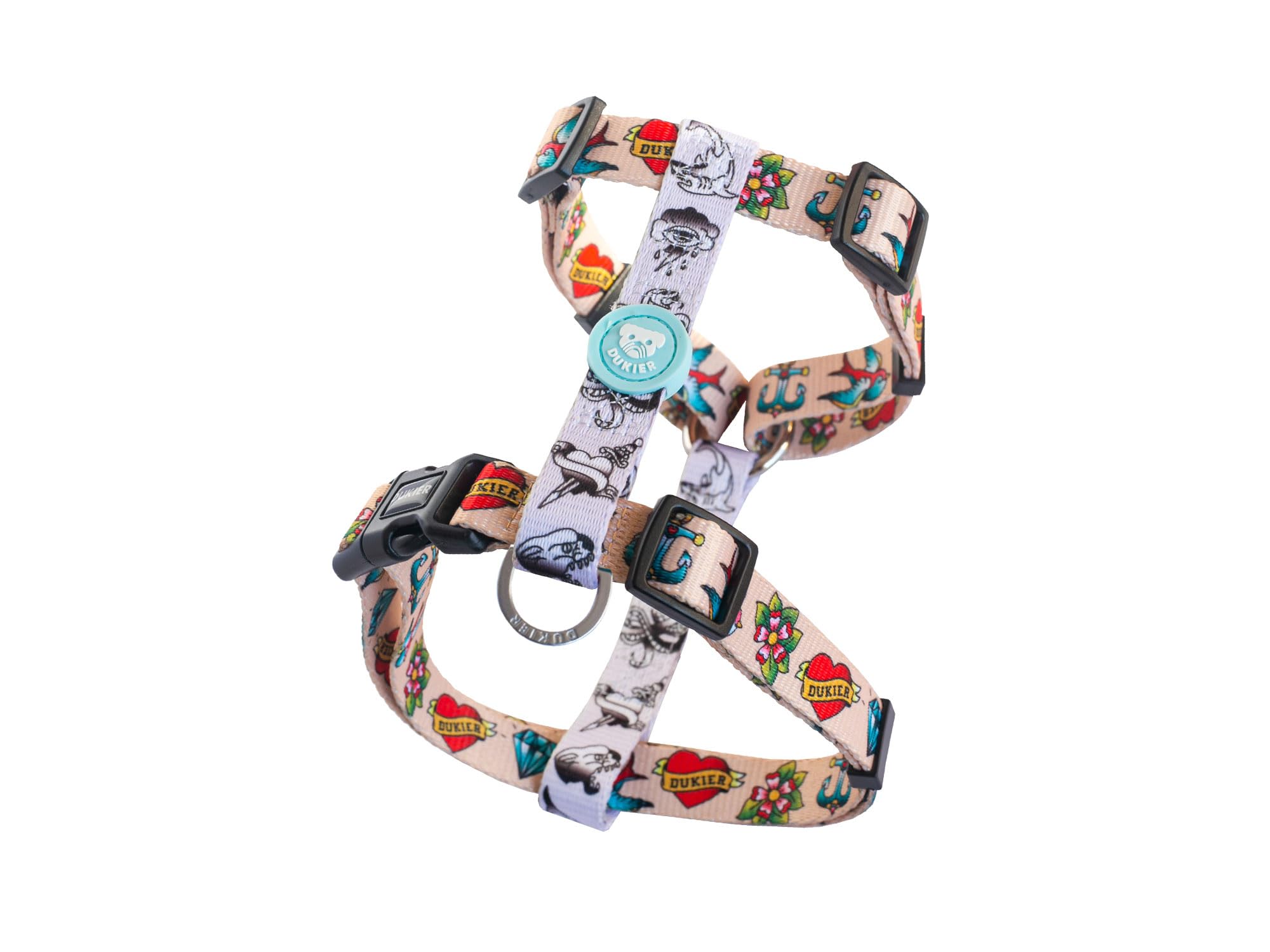 DUKIER – Classic Dog Harness, Anti-Pull Vest, Adjustable H-Shape for Pets, Certified, with 4-Point Safety Buckle, Tattoo Design with Double-Sided Print, Size M