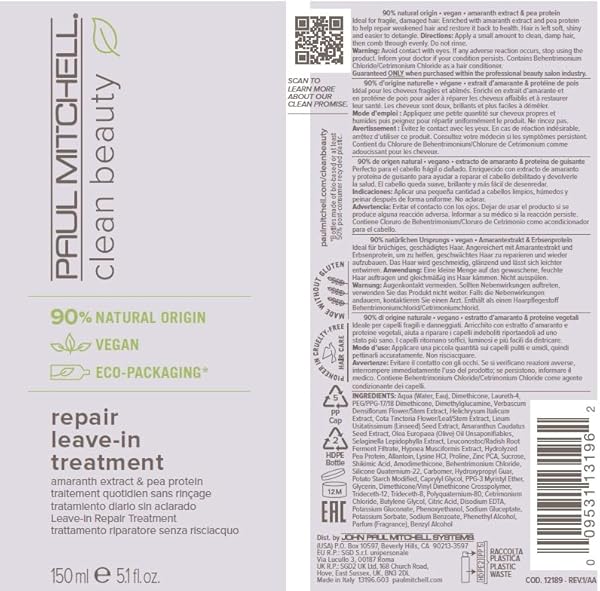 PAUL MITCHELL CLEAN BEAUTY REPAIR LEAVE-IN TREATMENT, LEAVE-IN CONDITIONER, RESTORES STRANDS, FOR DAMAGED, BRITTLE HAIR, 5.1 FL. OZ.