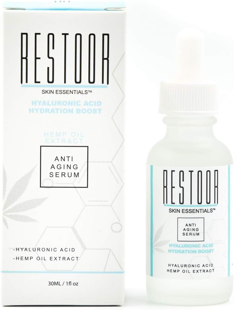 100% Pure Hyaluronic-Acid Serum Hydration Boost Anti-Aging Moisturizer with Hemp-Oil Extract. Restoor Skin Essentials 1oz