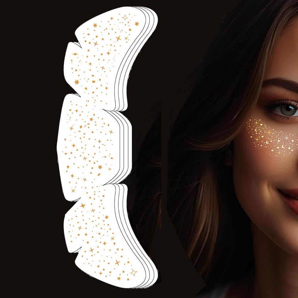 Yesallwas 6 Sheets Glitter Freckles Face Tattoo,Temporary Face Cosmetic Glitter Speckles Patches For Women's Party Holiday (Gold)