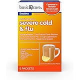 Amazon Basic Care Severe Cold & Flu Relief, Green Tea & Honey Lemon Flavors; Relieves Cough, Sore Throat Pain, Body Ache, Hea