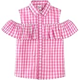 Noomelfish Girls Ruffle Cold Shoulder Top Blouse Short Sleeve Button Down Shirts (4-12 Years)