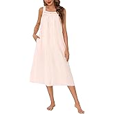 SWOMOG Women's Cotton Nightgowns Sleeveless Night Gown Embroidery House Dress Soft Long Nightdress with Pockets