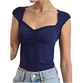 RoseSeek Girl's Ruched Cap Sleeve Tops Sweetheart Neck Slim Fit Cropped T Shirts Cute Summer Clothes