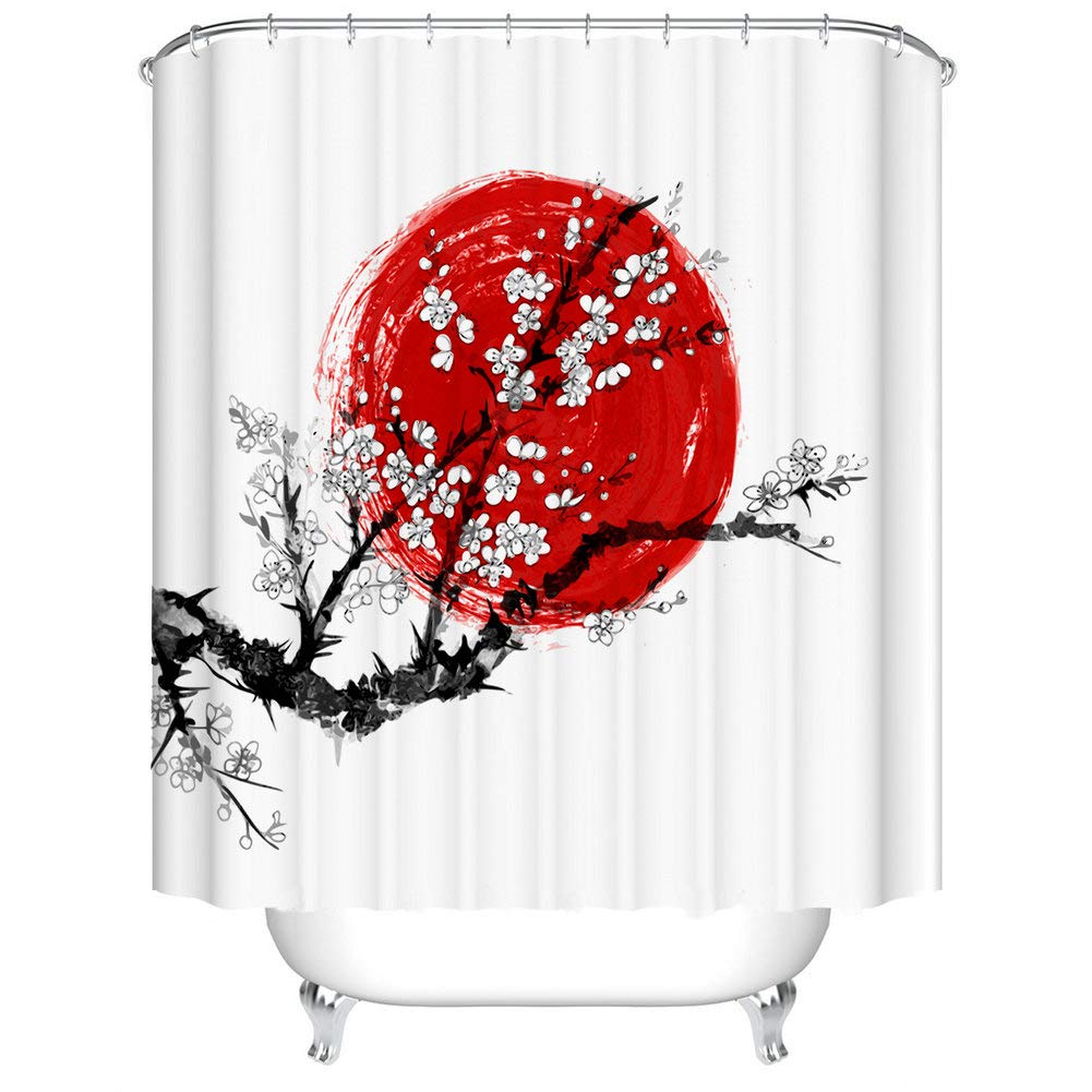 Fangkun Cherry Tree Art Decorative Shower Curtain Set with 12pcs Hooks - Sakura in Blossom and Red Sun Symbol of Japan - Polyester Fabri Bath Curtains - Black and White - 72 x 72 inches