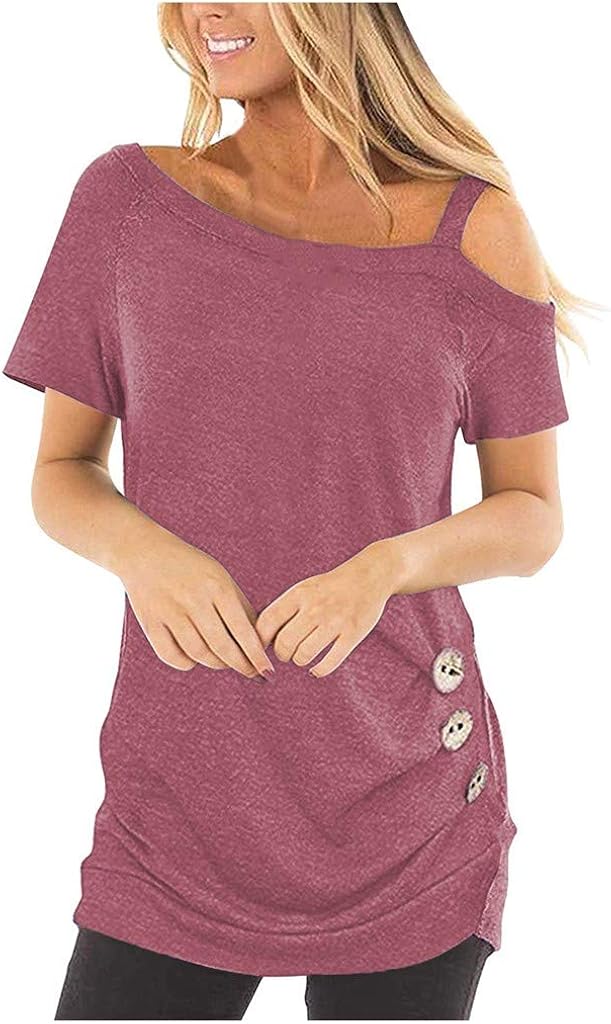 YANYUN Women Blouse Fashion Sexy Off Shoulder Cute Button Tshirt 2020 Summer Short Sleeve Crew Neck Pullover Plain Tunic Tops