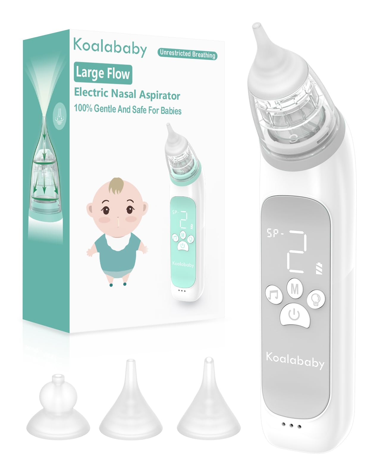 Photo 1 of Koalababy Baby Nasal Aspirator, Large Flow Electric Nose Sucker with 3 Suction Levels, Rechargeable Toddler Nose Cleaner, Soft Silicone Tips, Music and Light Soothing