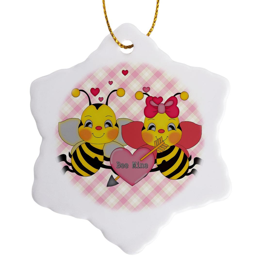 3dRose Cute Mine Valentine Bees on Gingham Plaid Background Snowflake Ornament, Porcelain, Multi-Colour, 3-Inch