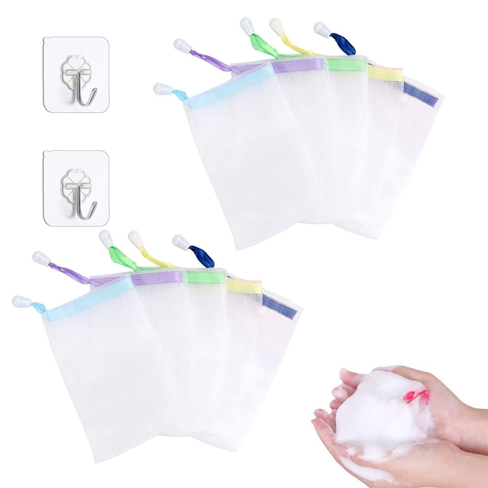 Mesh Soap Saver Pouch, 10Pcs Mesh Soap Bag with 2 Hooks Double-Layer Soap Saver Bag with Drawstring Soap Bubble Mesh Bags for Shower Washing Foaming Soap(Random Colors)