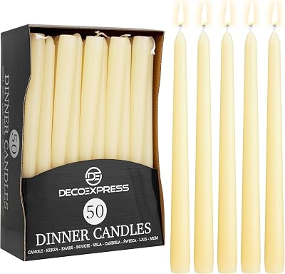 DECO EXPRESS Candles Set 50 Pack Ivory Dripless Tapered 8 Hour Burn Time