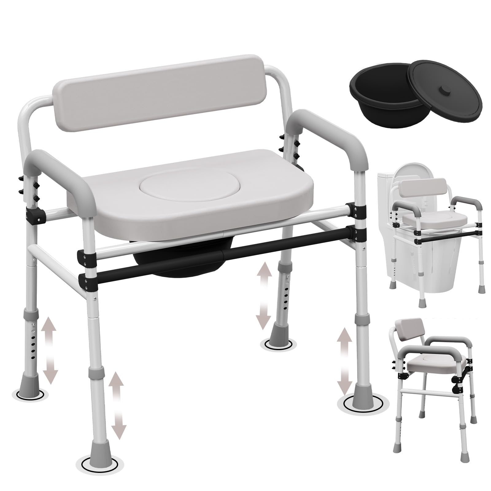 Adjustable Medical Bedside Commode Chair with Padded Backrest, Drop Arm Support, Height Adjustable, Gray