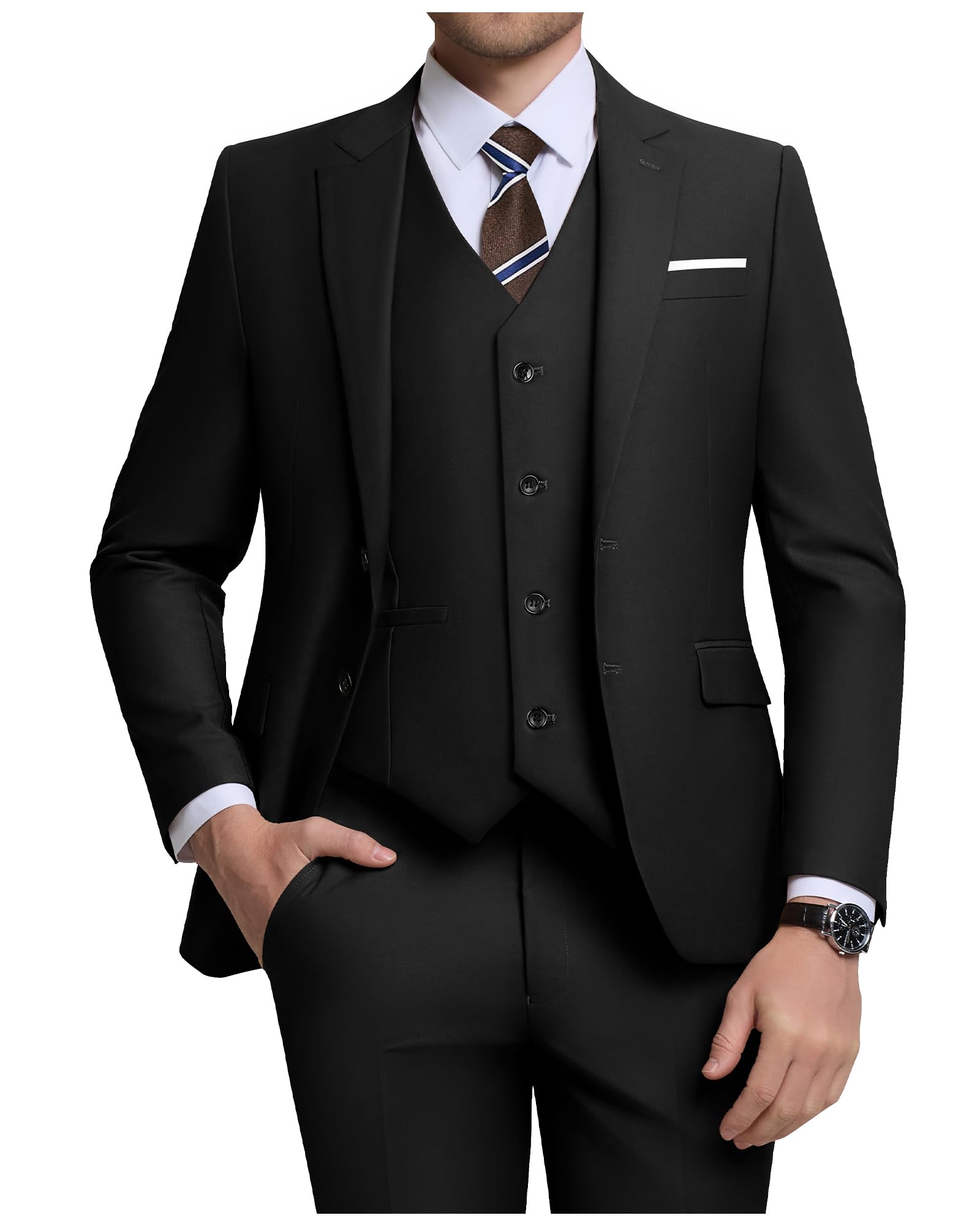 Photo 1 of Men Suits Slim Fit 3 Piece Black Business Wedding Suits Tuxedos Groomsmen Prom Blazer Jacket Vest Pants Men Suit Set L