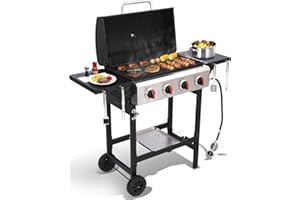 GRILL DEPOTS 4 Burner Gas Grills Outdoor Cooking Propane Gas Grill BBQ Grill Portable Barbecue Grills with Cast Iron Grate, Pan and Folding Side Table 40000 BTU Output Easy-Clean