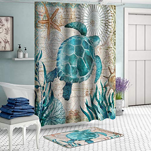 Uphome Octopus Foam Bath Mat Sea Theme Coastal Navigation Map Blue