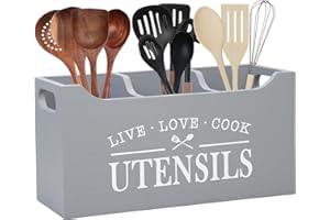 Karisky Kitchen Utensil Holder with Drainage Bottom, Large 3 Compartments Solid Real Wood Utensil Organizer for Kitchen Counter, Farmhouse Cooking Tools Storage for Countertop, Gray