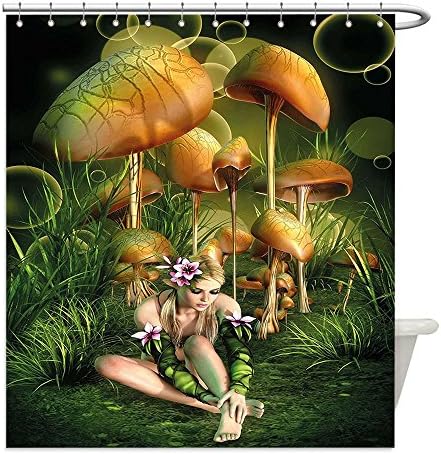 Liguo88 Custom Waterproof Bathroom Shower Curtain Polyester Mushroom Fairy Woman in Enchanted Forest Elf Pixie Fungus Growth Flowers Grass Green Light Brown Pink Decorative bathroom