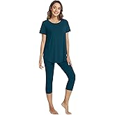 WiWi Women's Pajama Set Viscose from Bamboo Short Sleeve Tunic Top Capri Leggings Cooling Sleepwear Super Soft Pjs S-XXL