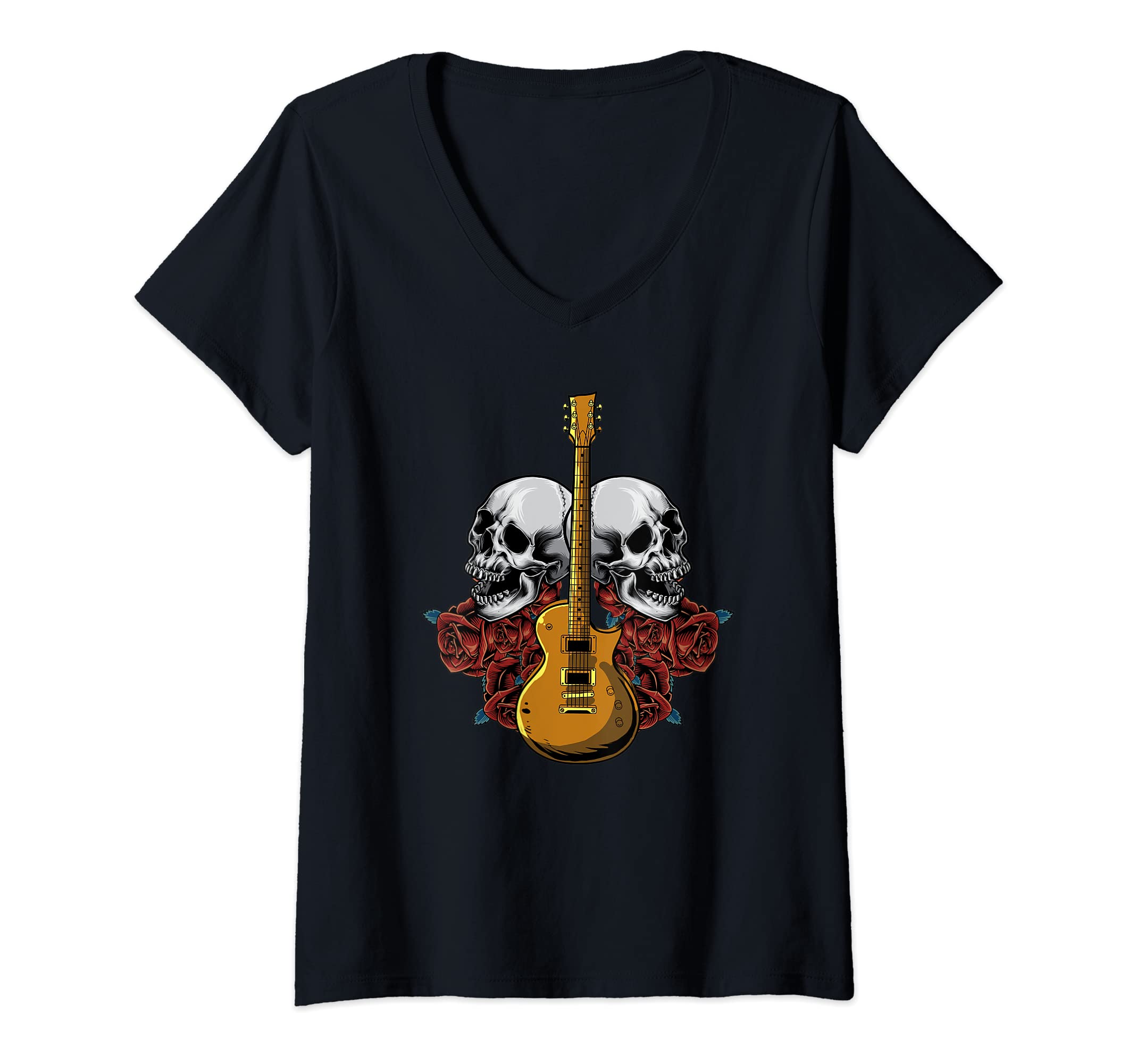 Womens Electric Guitar Skull Red Roses - E-Guitar Rock Guitarist V-Neck T-Shirt
