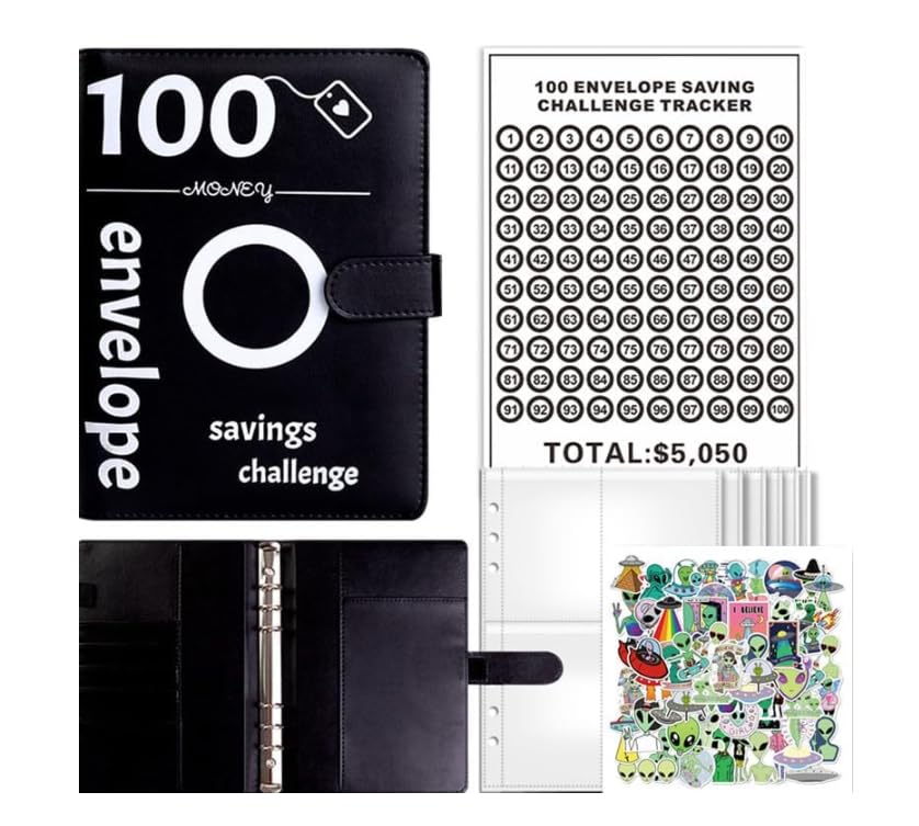 100 Envelopes Saving Challenge,Savings Book with Cash Envelopes Fun Budget Challenges for Money Easy Budget Binder Organizer for Couples Offices Home School (Black, Alien)