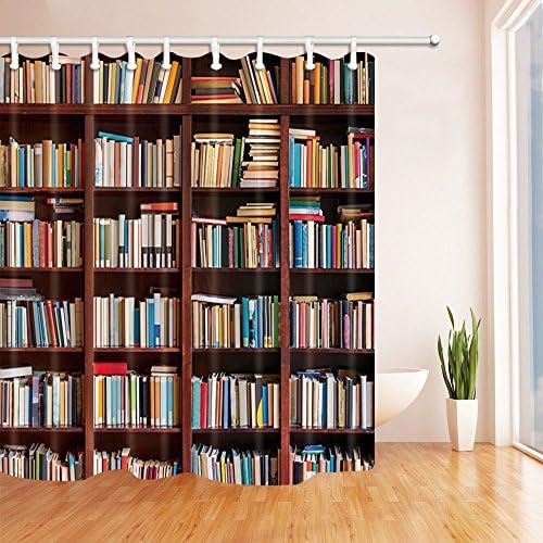 KOTOM Library Decor, Old Bookshelf with Hundreds of Books Shower Curtains, Mildew Resistant Polyester Fabric Bathroom Decorations, Shower Curtain Hooks Included, 69X75in