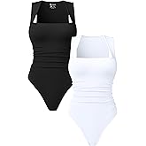OQQ Women’s Square Neck Sleeveless Bodysuit Shapewear Tank Top Stretchy Slim Fit Bodycon Top for Going Out 2 Pack