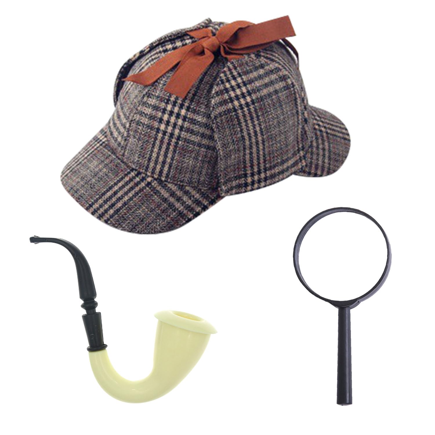 RmKbe 3pcs Sherlock Holmes Fancy Dress Accessory Set Deerstalker Hat Pipe and Magnifying Glass Halloween Carnival Party Accessories for Adults