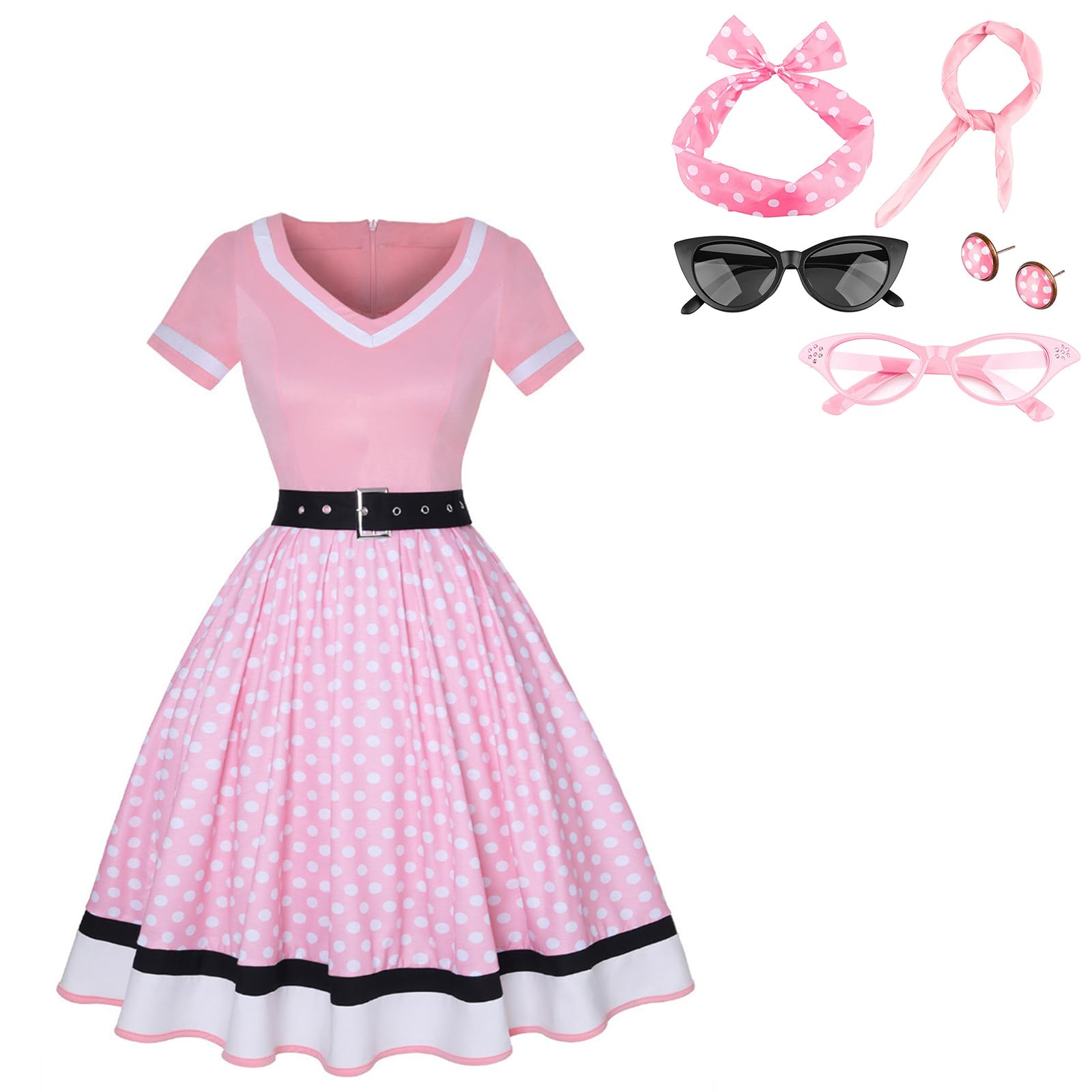 maxToonrain Women 50 Fancy Dress Adults UK Polka Dots Dress with Accessories Scarf Headbands Earring Glasses for Vintage Cocktail Party Wedding Halloween (Pink&White,XL)