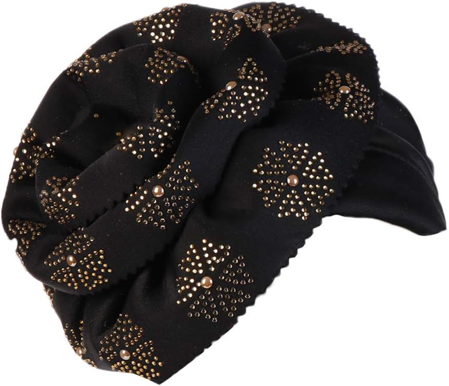 Women Muslim Stretch Turban Hat,Lmtime Flower Cuffed Hijib Cap Hot Drilling Chemo Cap Solid Hair Loss Head Scarf Wrap