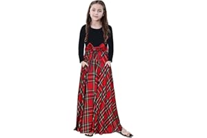 KYMIDY Girl Maxi Dress Kids Casual Buffalo Check Plaid Long Sleeve Dresses with Pockets(6-14yrs)