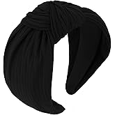 YISSION Wide Black Knotted Headband for Women - 3.34 Inch Stretchy Knit Fabric Hair Band, Comfortable Non-Slip Fashion Hair Accessory for Daily Styling & Parties