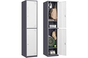 PEUKC Metal Storage Locker, 71" Tall Locker Storage Cabinet for Employees, Steel Storage Cabinet Locker with Lock and Keys for School, Gym, Home, Office Staff(2 Doors-Grey White)