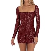 FWSAM Women Sexy Long Sleeve Sparkly Sequin Bodycon Mini Dress Square Neck See Through Backless Self Tie Up Short Dress