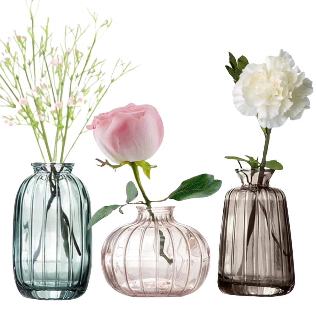 MEETOZ Glass Bud Vase Set of 3- Small Vases for Flowers, Home Table Flower Decor, for Office or Wedding Events (Pink/Grey/Green)