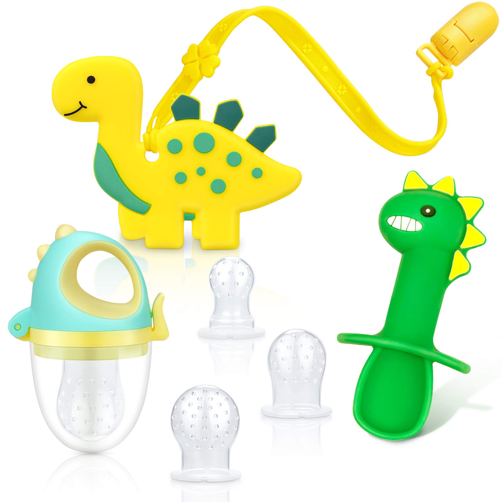 TitaCare Dinosaur Baby Teething Toys Set, Dinosaur Teether, Dinosaurs Silicone Utensils Spoon , Dinosaur Food Feeder Pacifier with 3 Silicone Sacs, and Silicone Pacifier Clip, 4 Pack (Dino-Yellow)