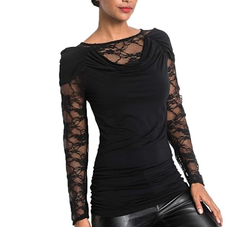 REALIKE Damen Langarmshirt Damen Elegant Floraler Spitze Blusen Festliche Oberteile Beiläufige Sweatshirt Slim Fit Basic Shir
